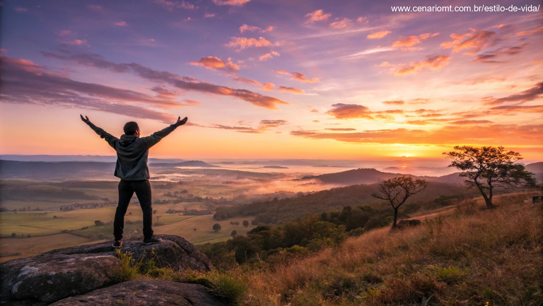 Imagem inspiradora de uma manhã tranquila com uma pessoa motivada ao nascer do sol