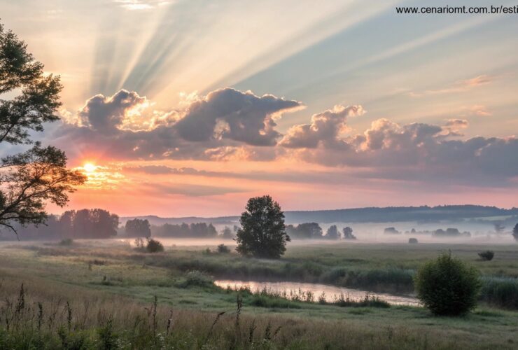 Imagem de um nascer do sol sereno representando paz e esperança em uma manhã abençoada.
