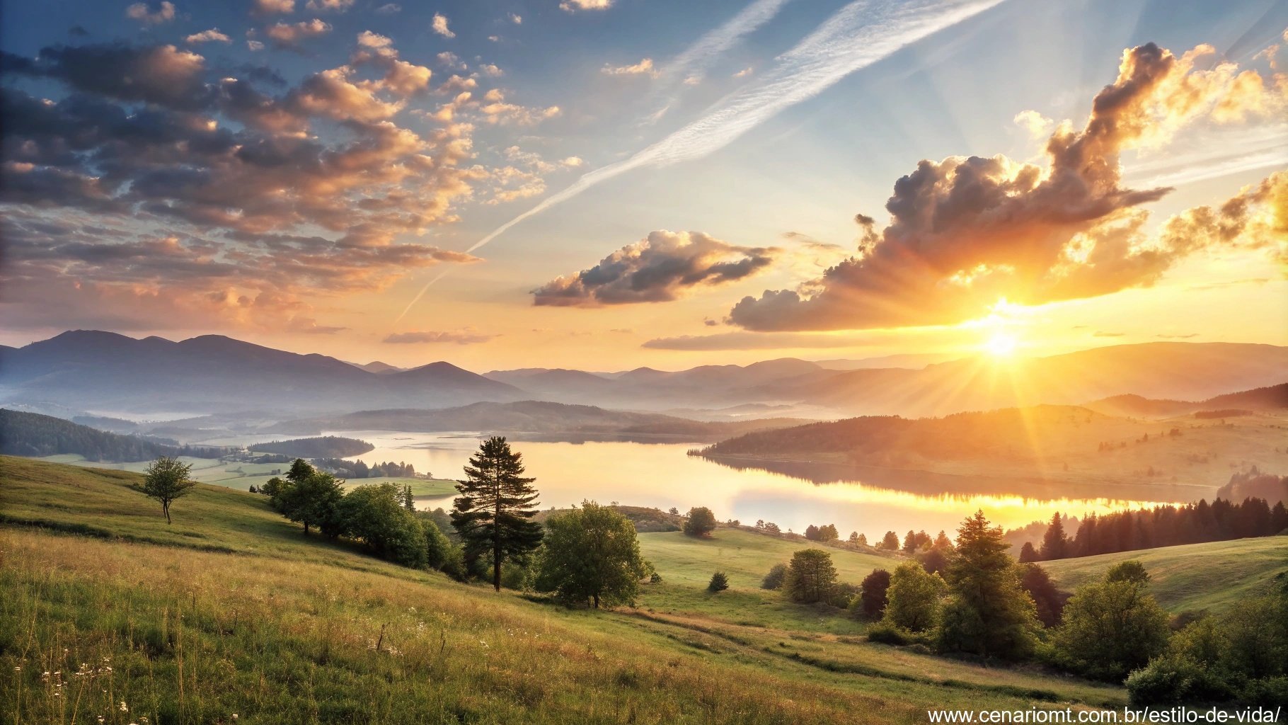 Imagem de um nascer do sol sobre uma paisagem tranquila, simbolizando fé e esperança