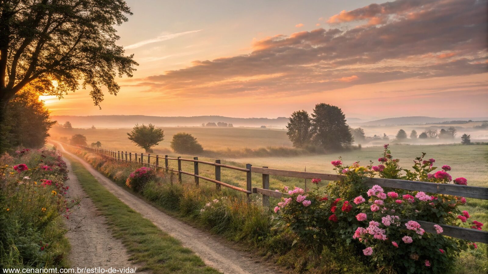 imagem de um nascer do sol tranquilo em um campo com flores e cerca de madeira