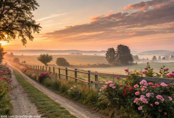 imagem de um nascer do sol tranquilo em um campo com flores e cerca de madeira