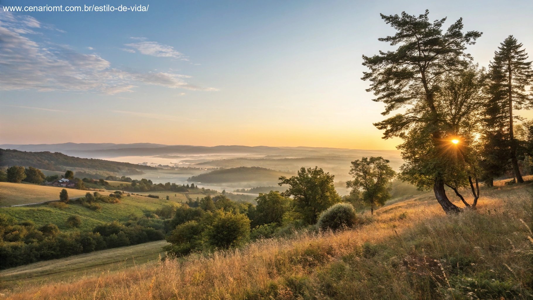 Imagem de um nascer do sol inspirador em uma paisagem tranquila para começar a quinta-feira com motivação.