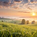 Imagem de um nascer do sol em um campo tranquilo, simbolizando renovação e positividade para a segunda-feira.