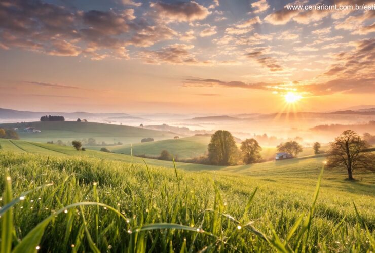 Imagem de um nascer do sol em um campo tranquilo, simbolizando renovação e positividade para a segunda-feira.