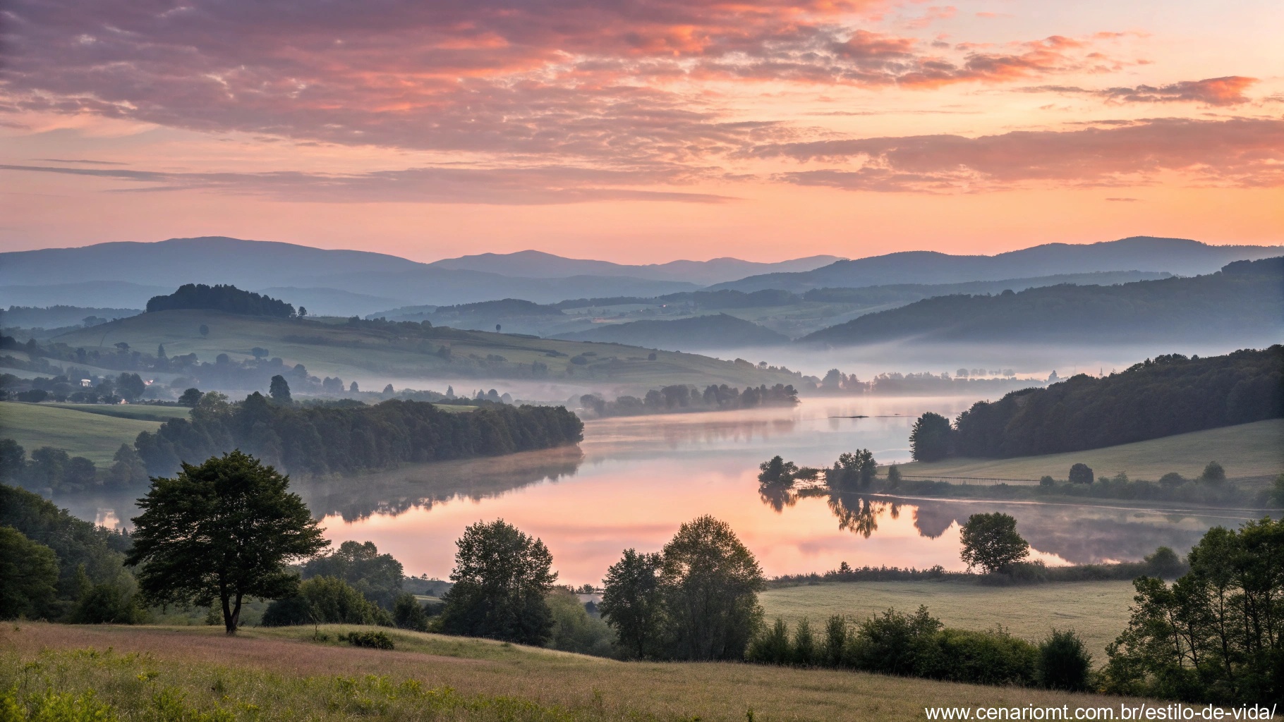 Imagem de um nascer do sol sereno em uma paisagem tranquila, simbolizando paz para uma manhã de quinta-feira.
