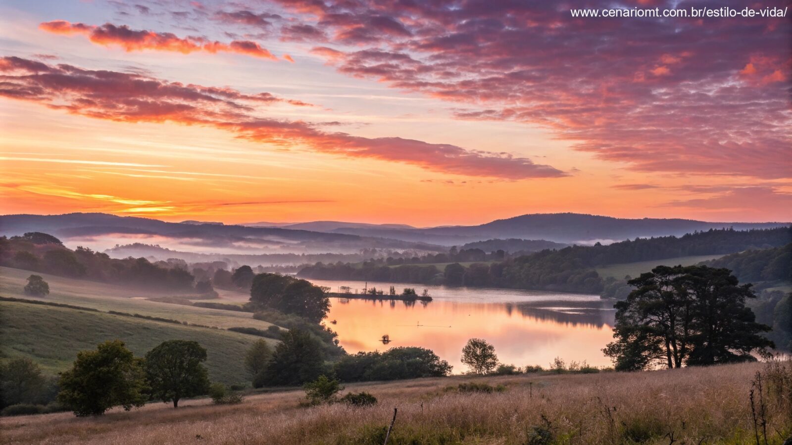 imagem de um nascer do sol sereno sobre uma paisagem tranquila, representando o começo de um dia positivo