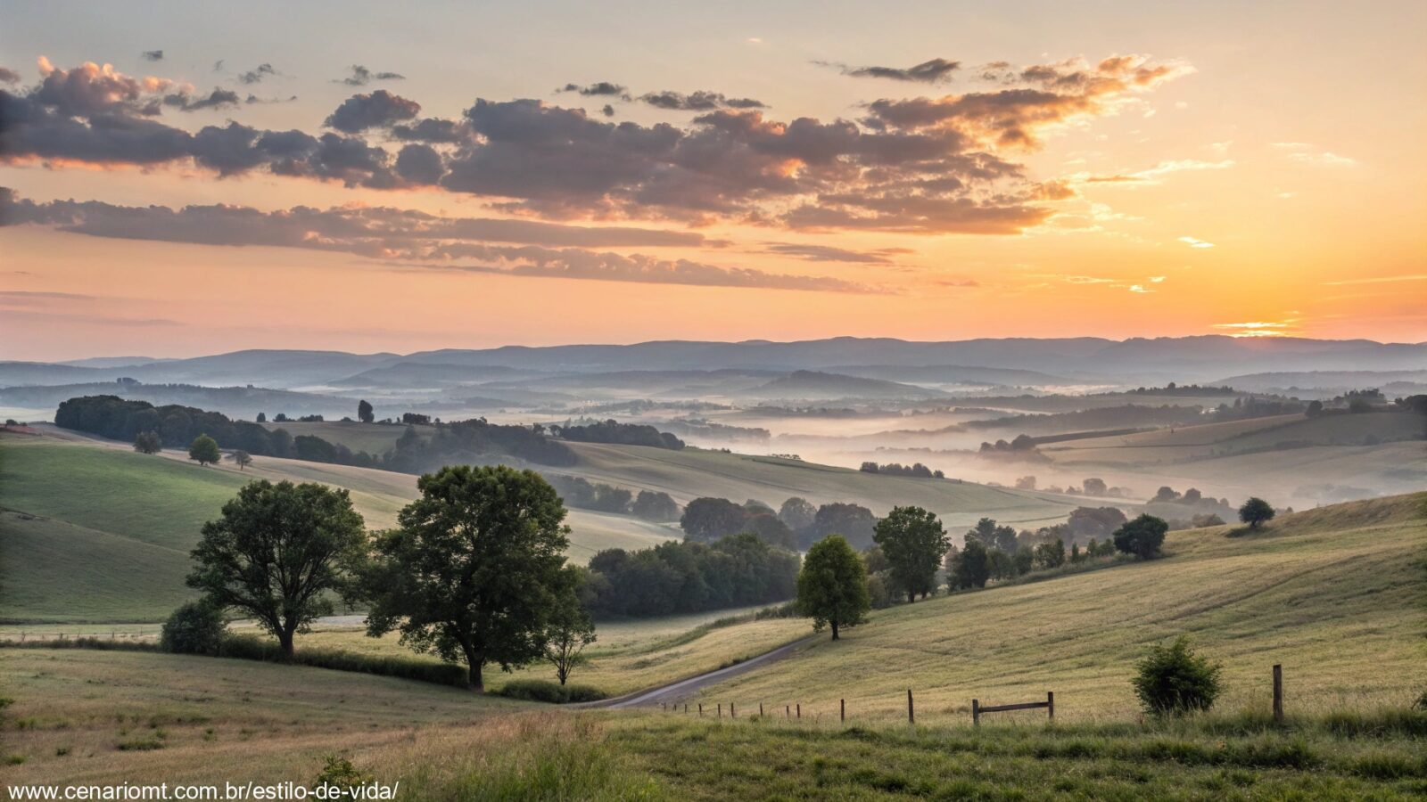 imagem de um nascer do sol tranquilo em uma paisagem campestre para representar inspiração e renovação