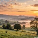 imagem de um nascer do sol abençoado iluminando uma paisagem tranquila, representando uma sexta-feira inspiradora