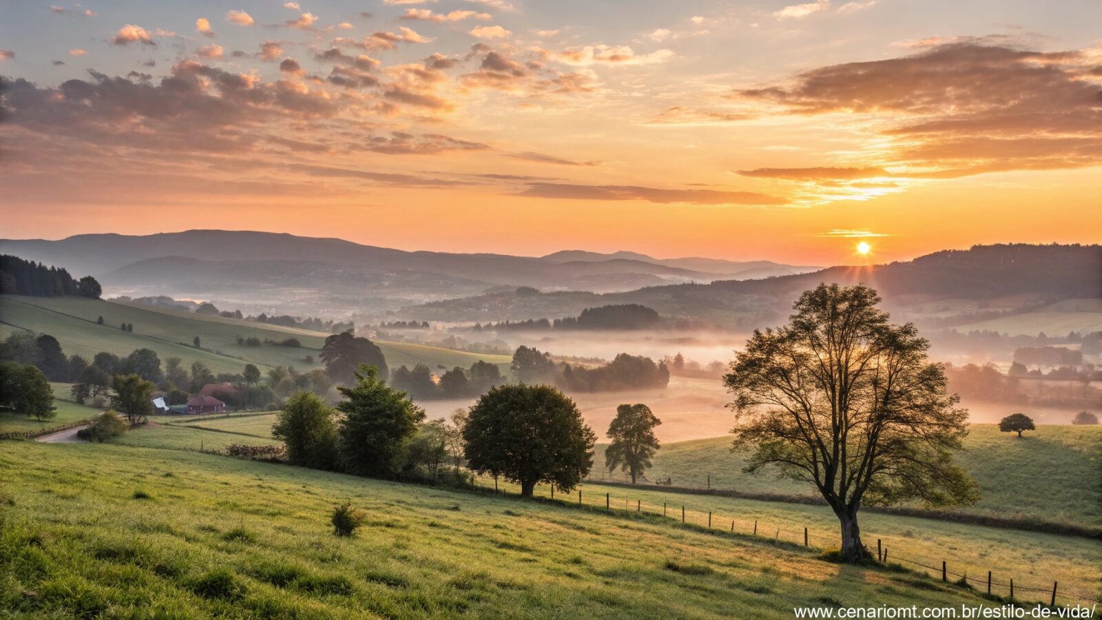 imagem de um nascer do sol abençoado iluminando uma paisagem tranquila, representando uma sexta-feira inspiradora