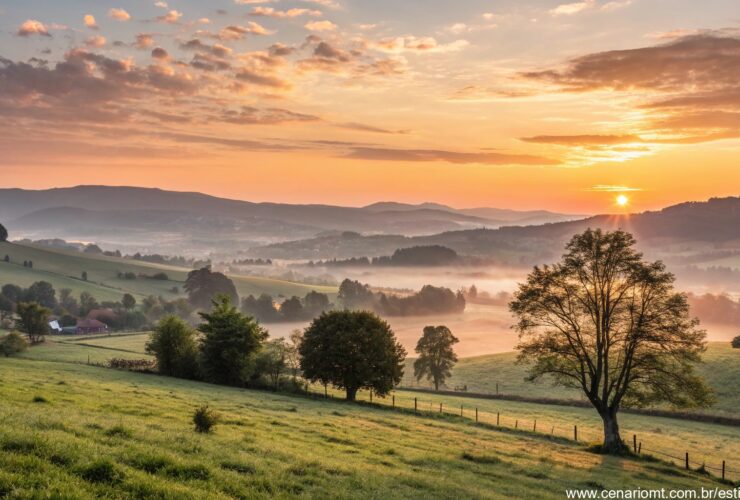 imagem de um nascer do sol abençoado iluminando uma paisagem tranquila, representando uma sexta-feira inspiradora