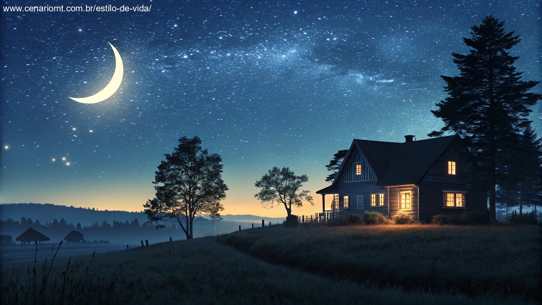 Imagem de uma noite calma com céu estrelado e lua crescente, simbolizando paz e bênçãos.