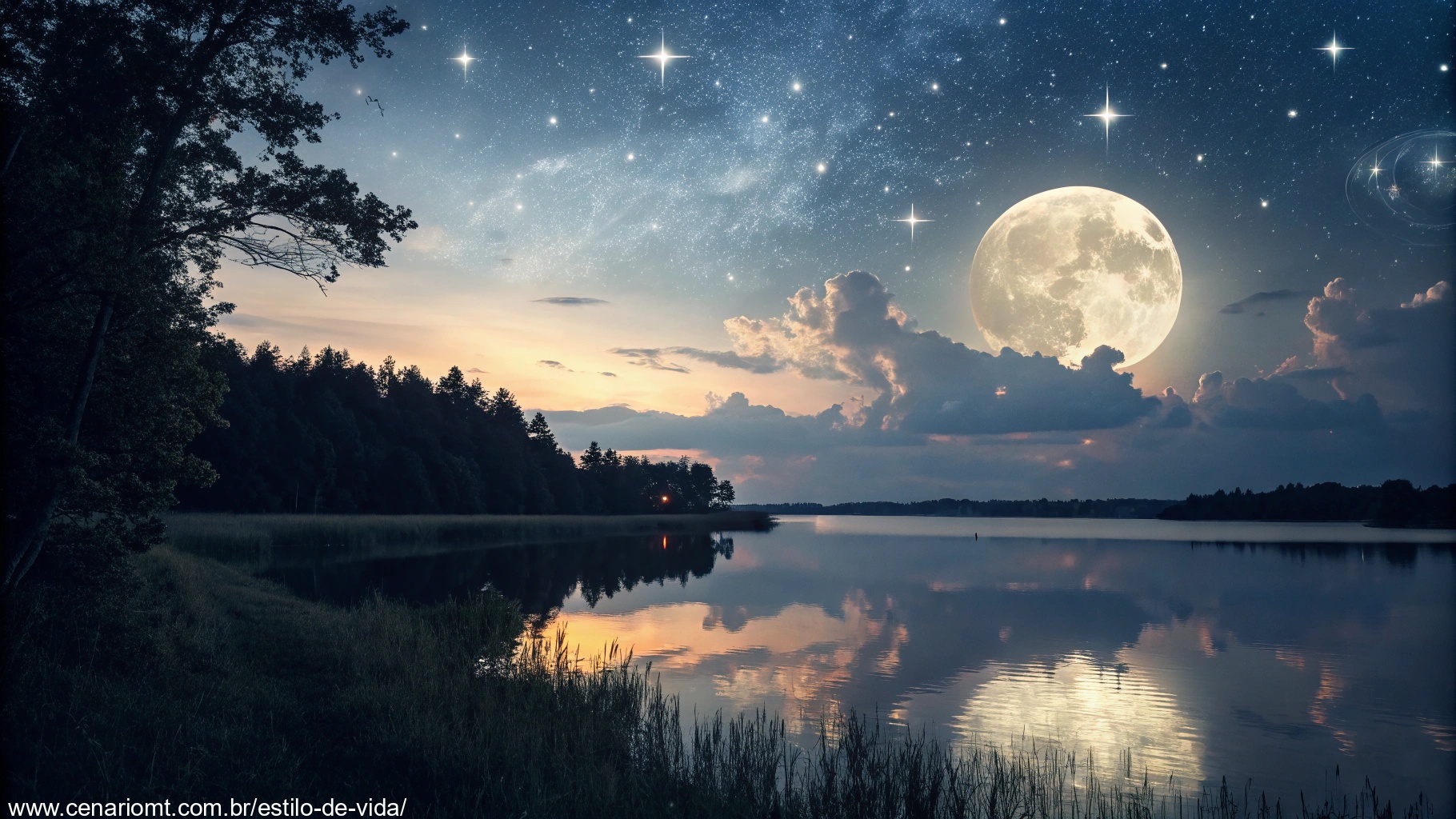 Imagem de uma noite tranquila com lua cheia e estrelas iluminando um lago sereno, evocando paz e bênçãos.