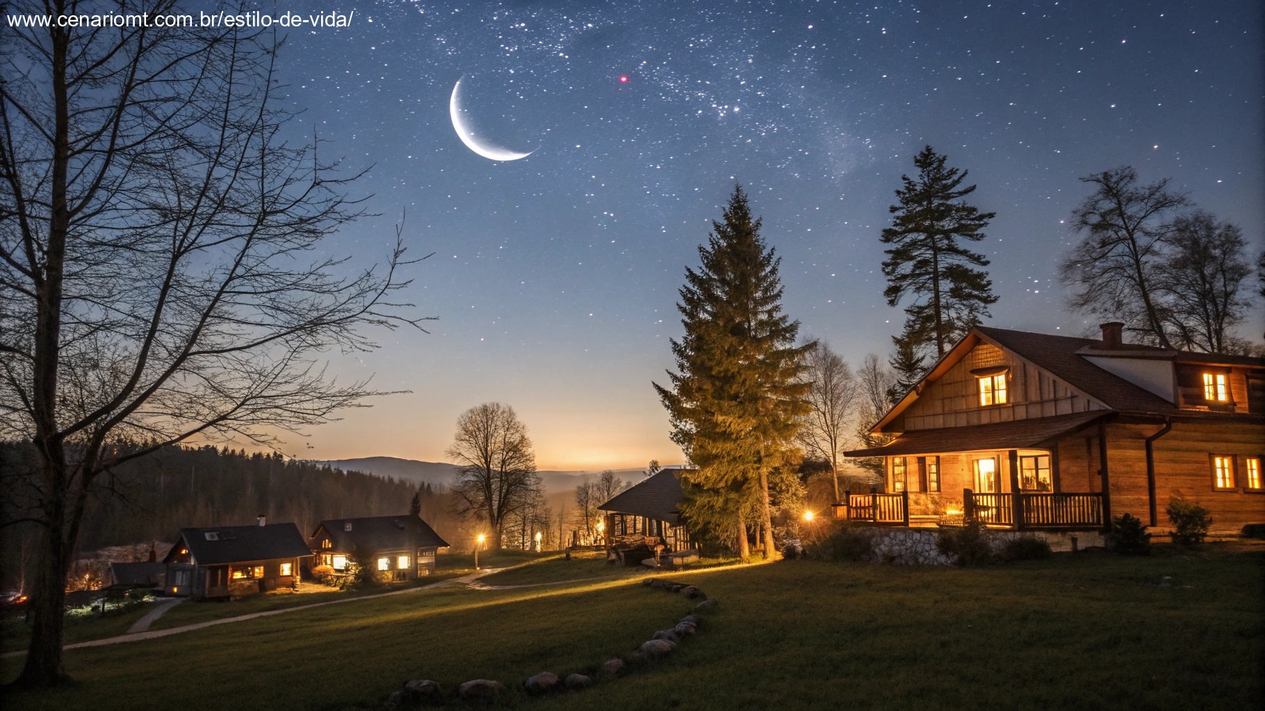 imagem de uma noite tranquila de domingo com céu estrelado e lua crescente