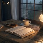 Imagem de uma noite de domingo tranquila com uma luminária acesa, livro aberto e bebida quente sobre uma mesa de madeira.