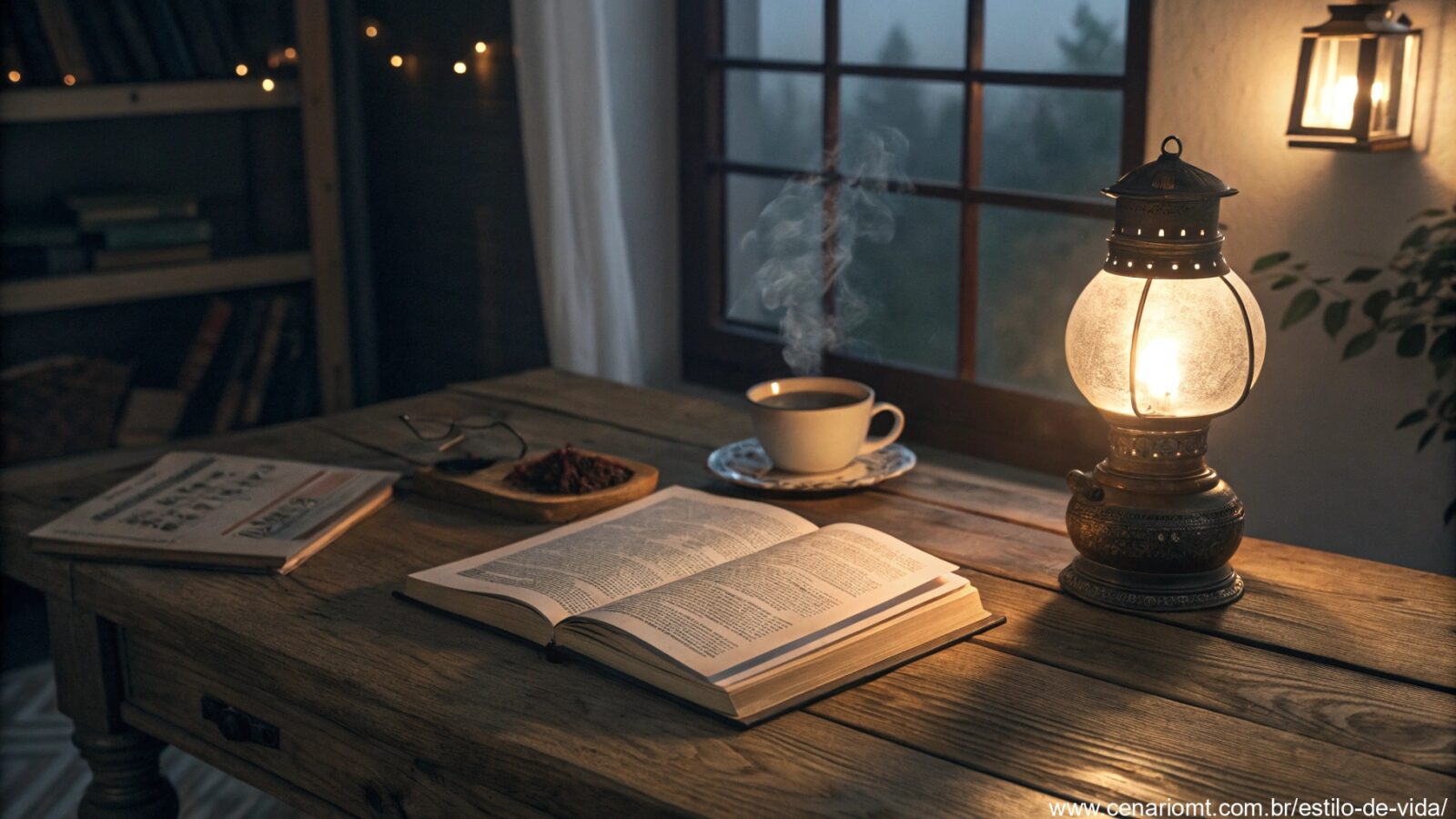 Imagem de uma noite de domingo tranquila com uma luminária acesa, livro aberto e bebida quente sobre uma mesa de madeira.