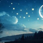 imagem de um céu noturno tranquilo com uma lua crescente e estrelas brilhantes
