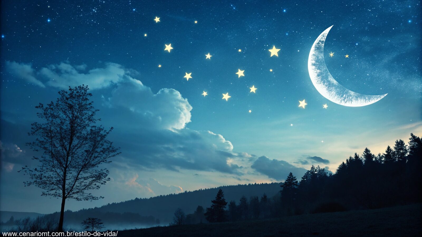 imagem de um céu noturno tranquilo com uma lua crescente e estrelas brilhantes