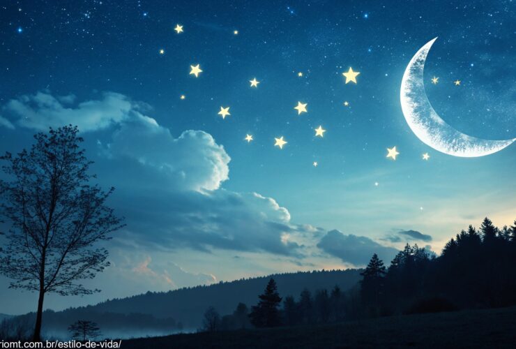 imagem de um céu noturno tranquilo com uma lua crescente e estrelas brilhantes