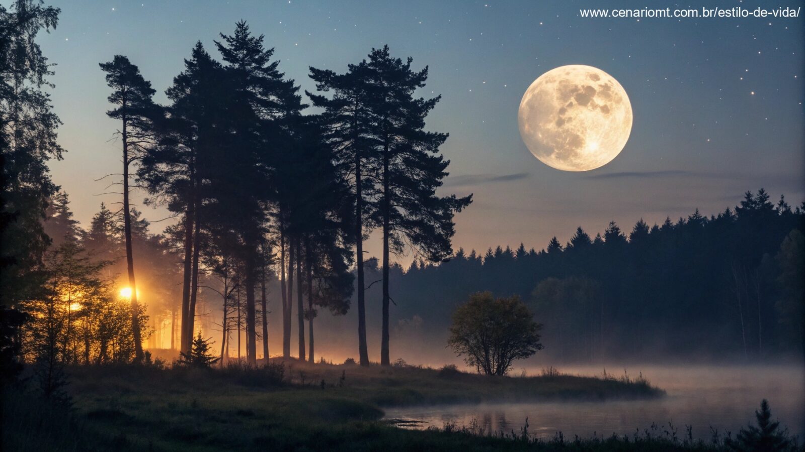 imagem de uma noite tranquila com lua cheia sobre uma floresta, simbolizando paz e serenidade