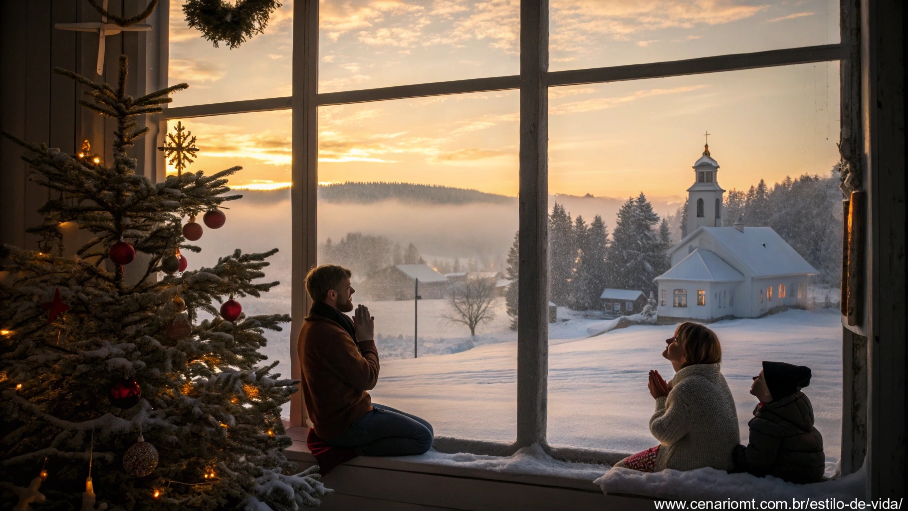 Imagem de uma manhã de Natal serena com uma vila coberta de neve e uma família orando perto de uma janela.