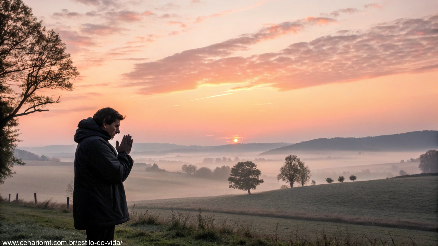 Imagem de uma pessoa orando ao amanhecer em um cenário tranquilo e pacífico.