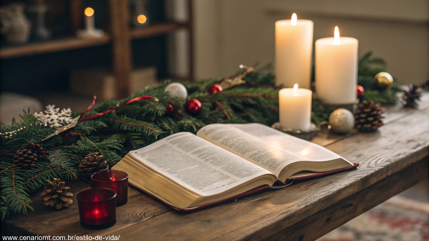 imagem de uma manhã de Natal com Bíblia aberta, velas acesas e decoração festiva