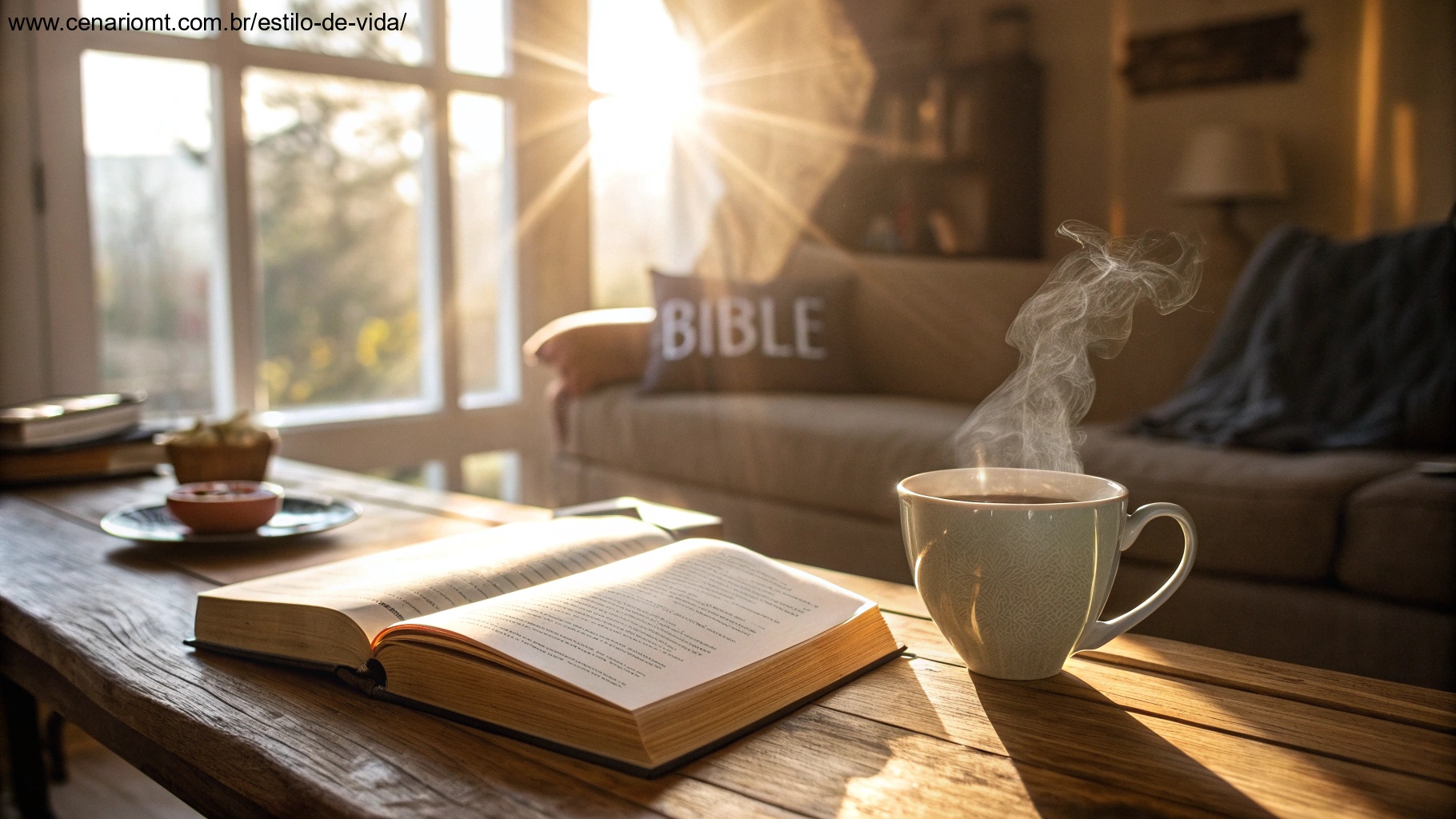 Imagem de uma Bíblia ao lado de uma xícara de café em uma manhã serena com luz natural.