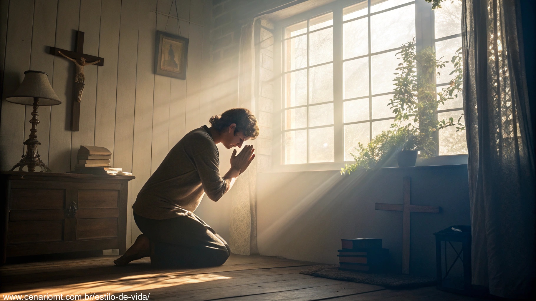 Imagem de uma pessoa orando de manhã junto à janela com luz do sol entrando, representando devoção e fé cristã.
