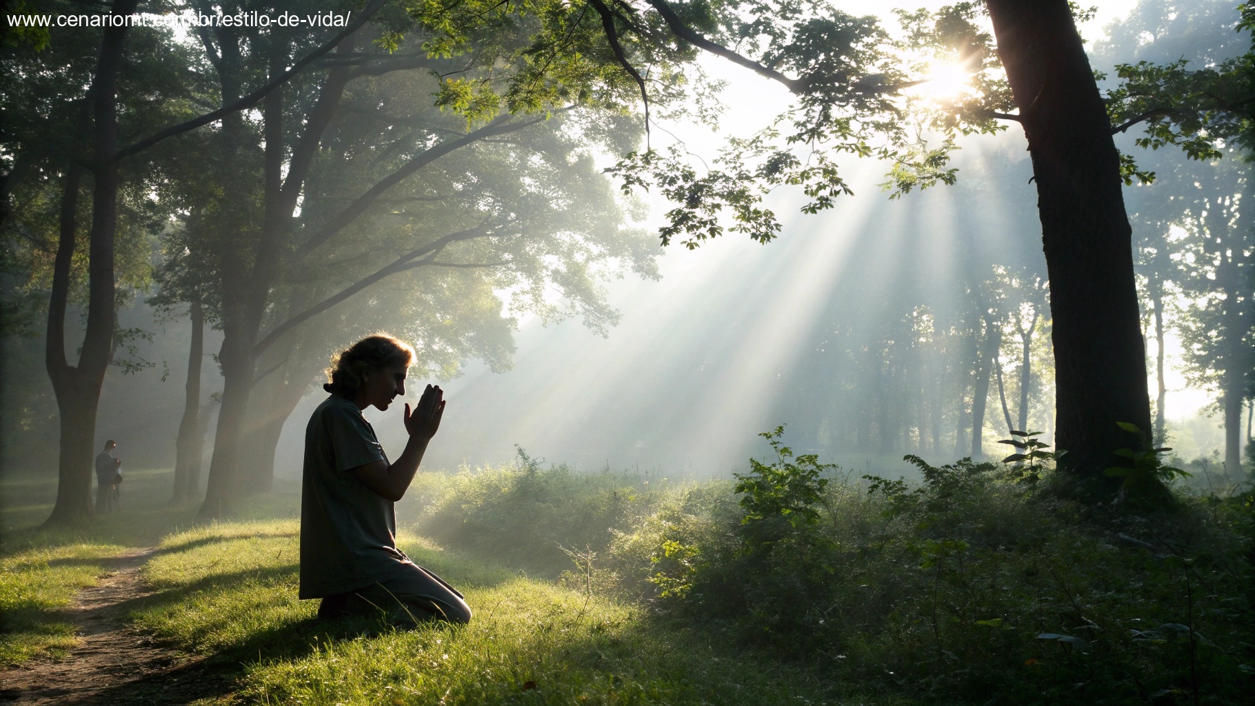 Imagem de uma pessoa orando pela manhã sob a luz do sol, transmitindo fé e gratidão.