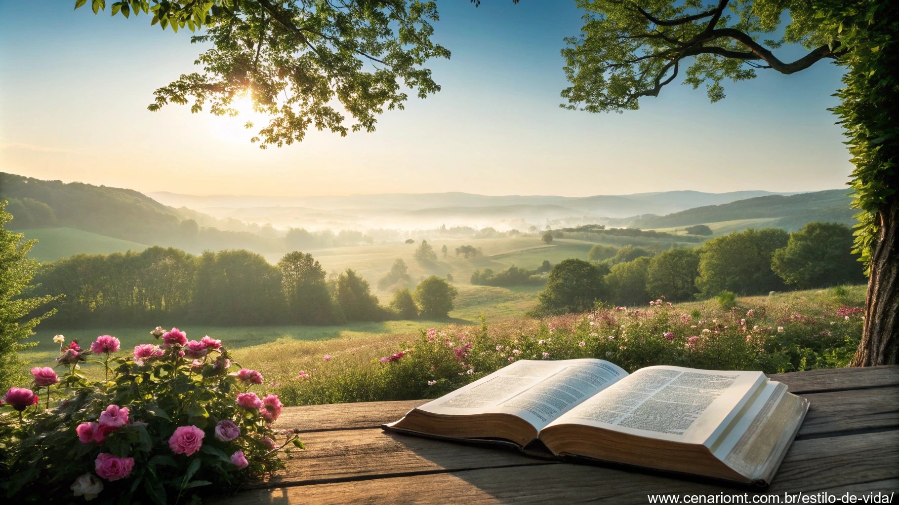 imagem de uma paisagem tranquila com uma Bíblia aberta ao amanhecer, representando fé e esperança