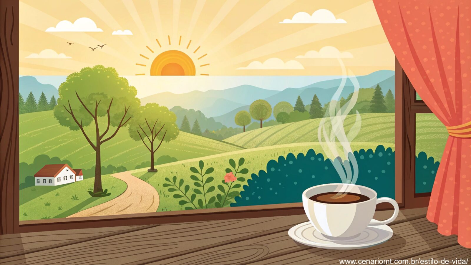 imagem de uma paisagem campestre com sol nascendo, destacando um café da manhã tranquilo e inspirador