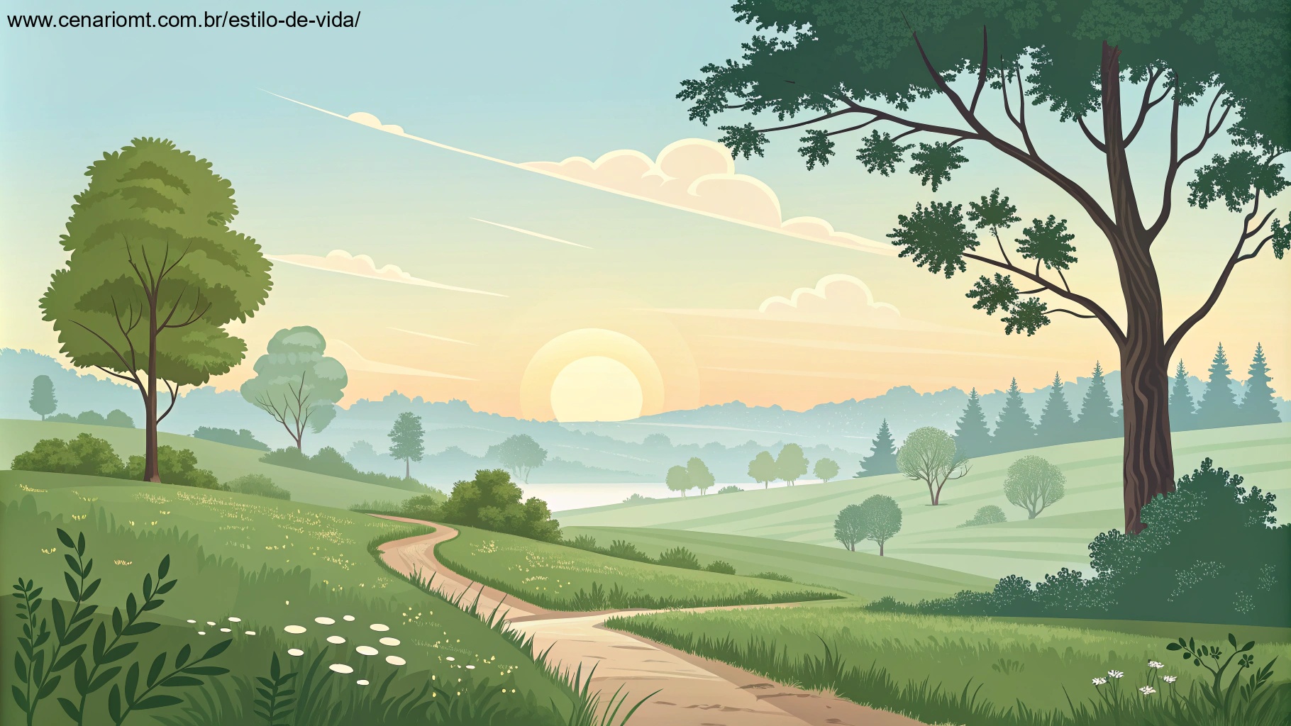 imagem de uma paisagem matinal tranquila com um nascer do sol suave em um campo pacífico