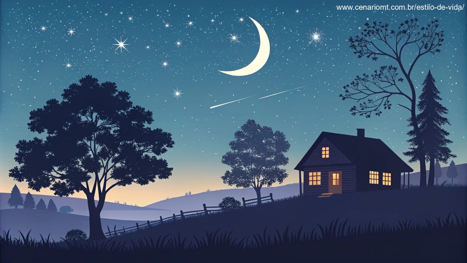 imagem de uma paisagem noturna tranquila com lua crescente e estrelas brilhantes