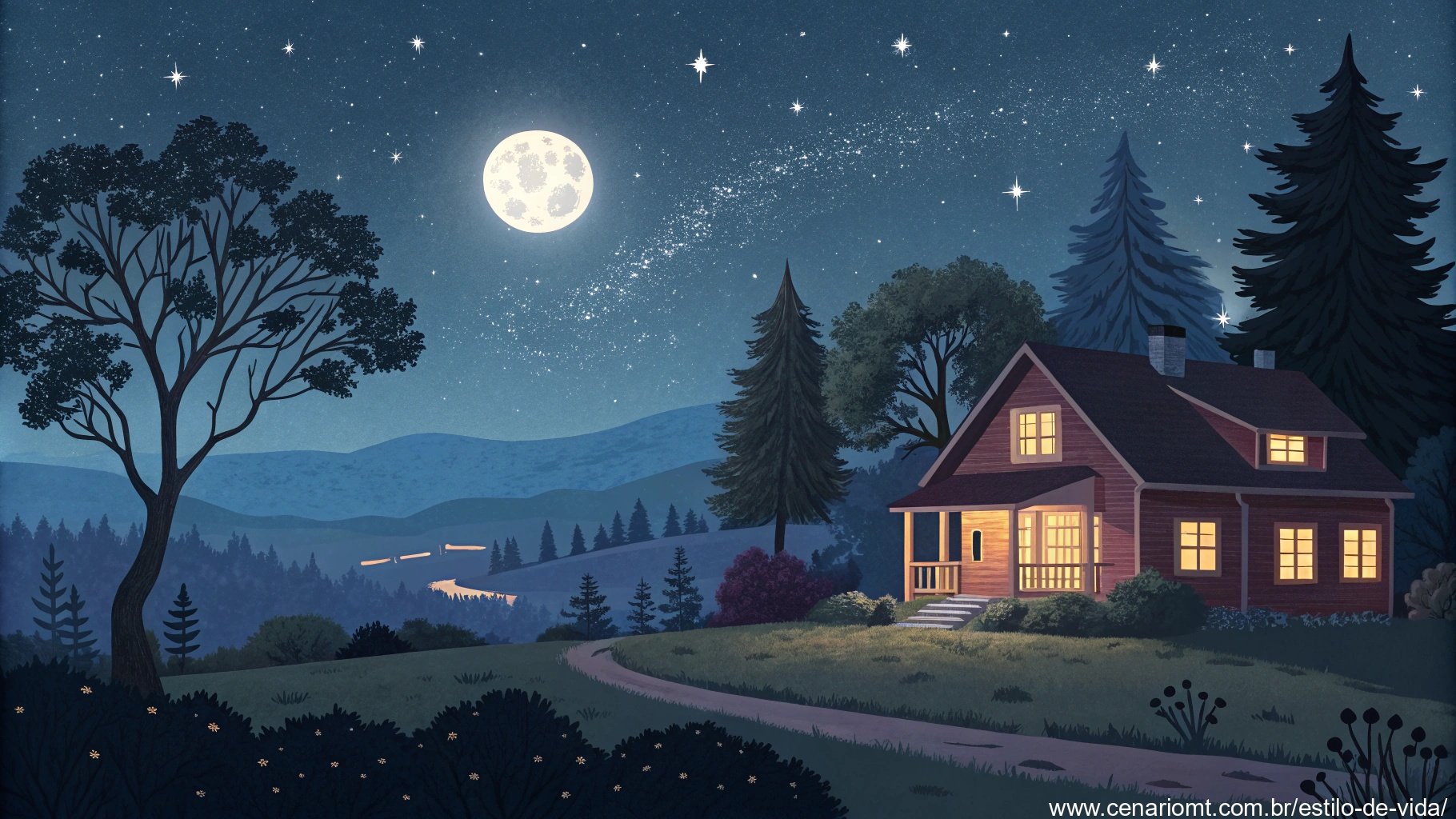 imagem de uma paisagem noturna tranquila com céu estrelado e luz da lua iluminando uma casa aconchegante