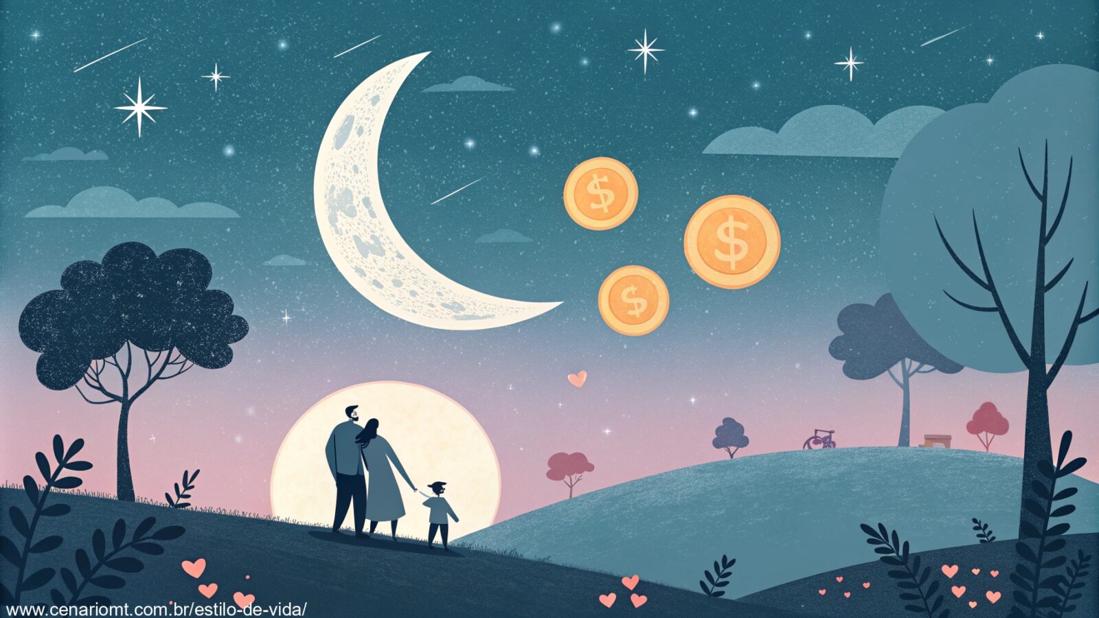 Imagem de paisagem onírica com elementos simbólicos de amor, saúde, família e finanças