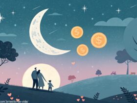 Imagem de paisagem onírica com elementos simbólicos de amor, saúde, família e finanças