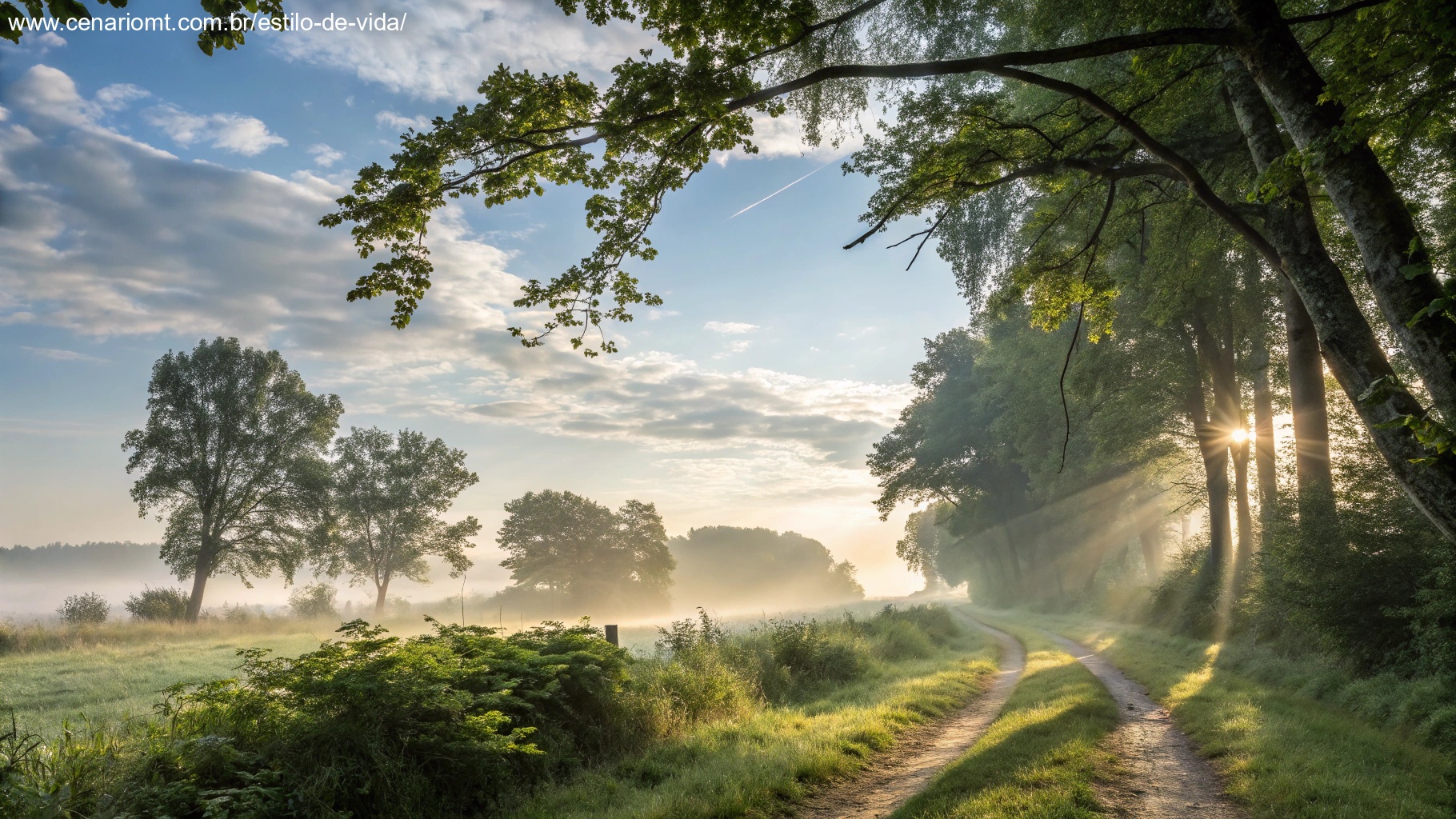 imagem de uma paisagem matinal serena com luz do sol suave atravessando árvores, representando paz e tranquilidade