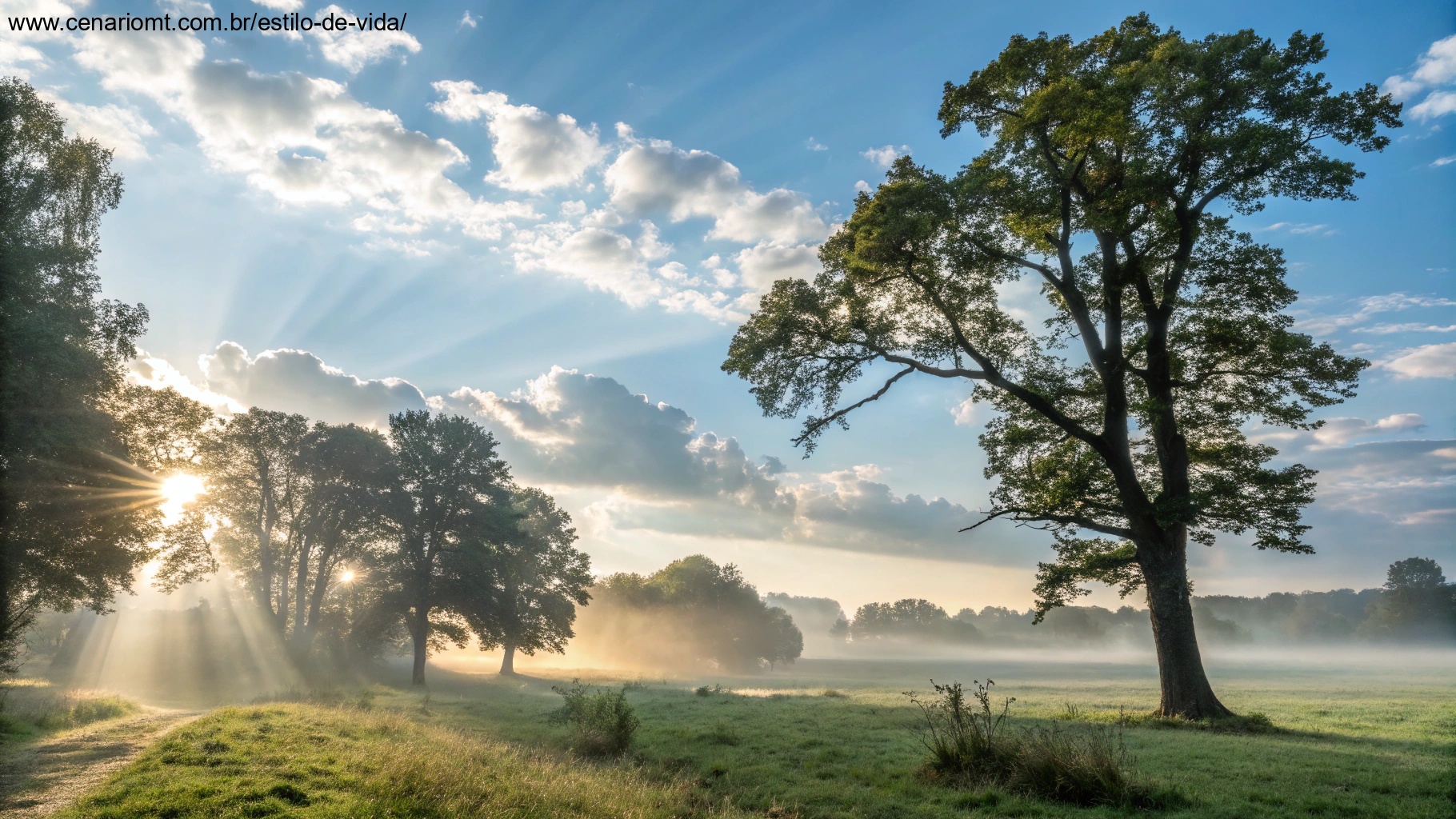 imagem de uma paisagem tranquila com luz suave ao amanhecer, representando paz e harmonia