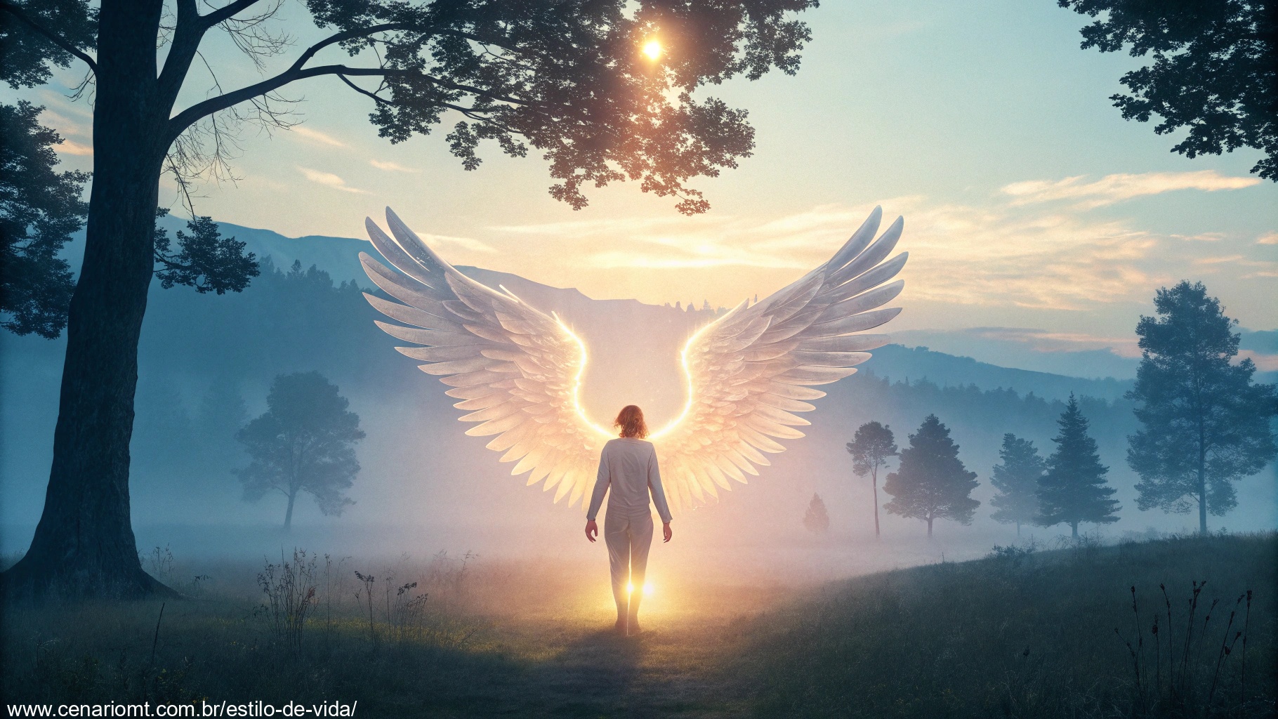 Imagem de um anjo da guarda sereno, cercado por luz suave, simbolizando proteção espiritual.