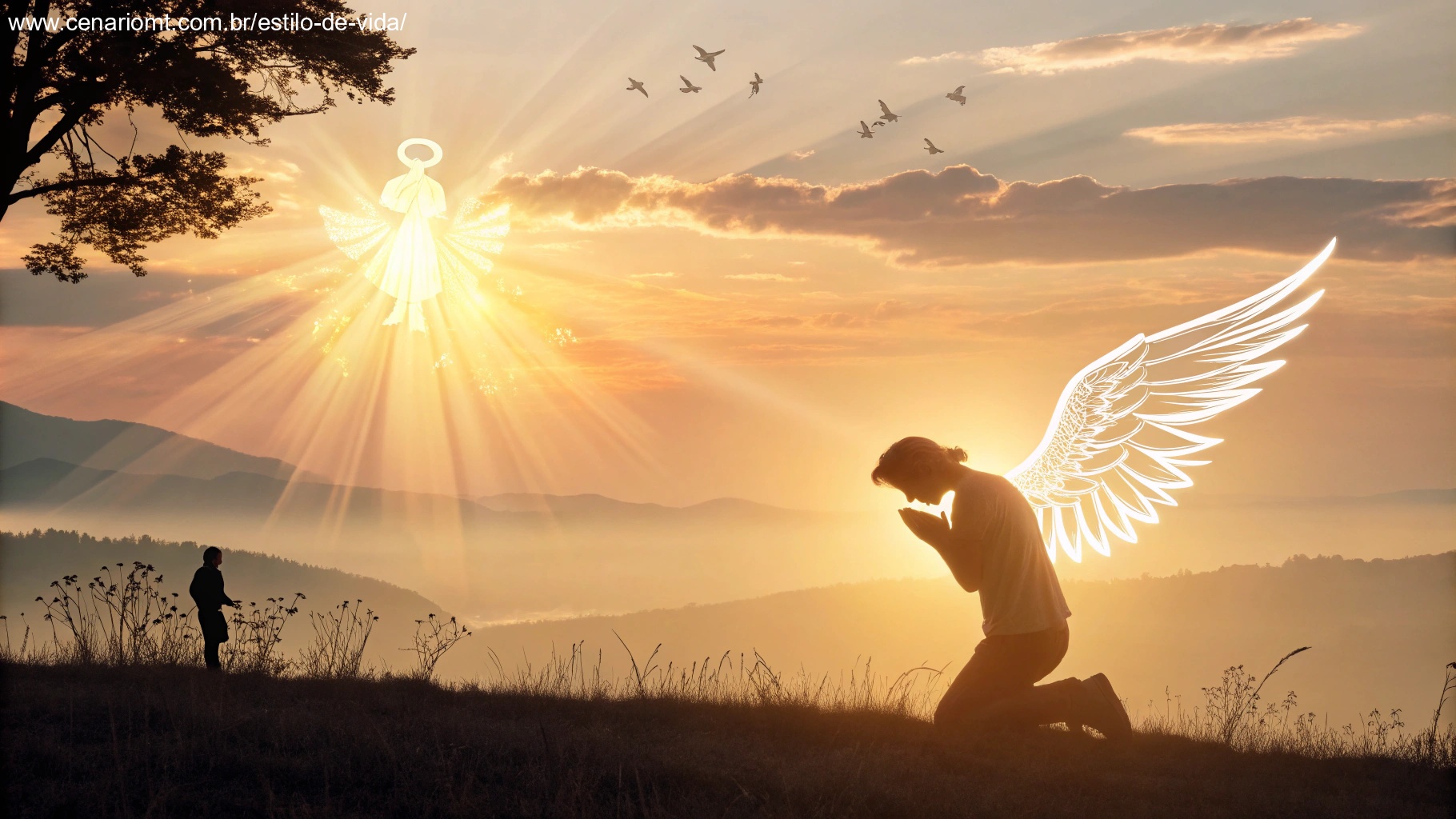 Imagem de uma pessoa orando ao amanhecer, com uma figura angelical brilhante acima, simbolizando proteção.