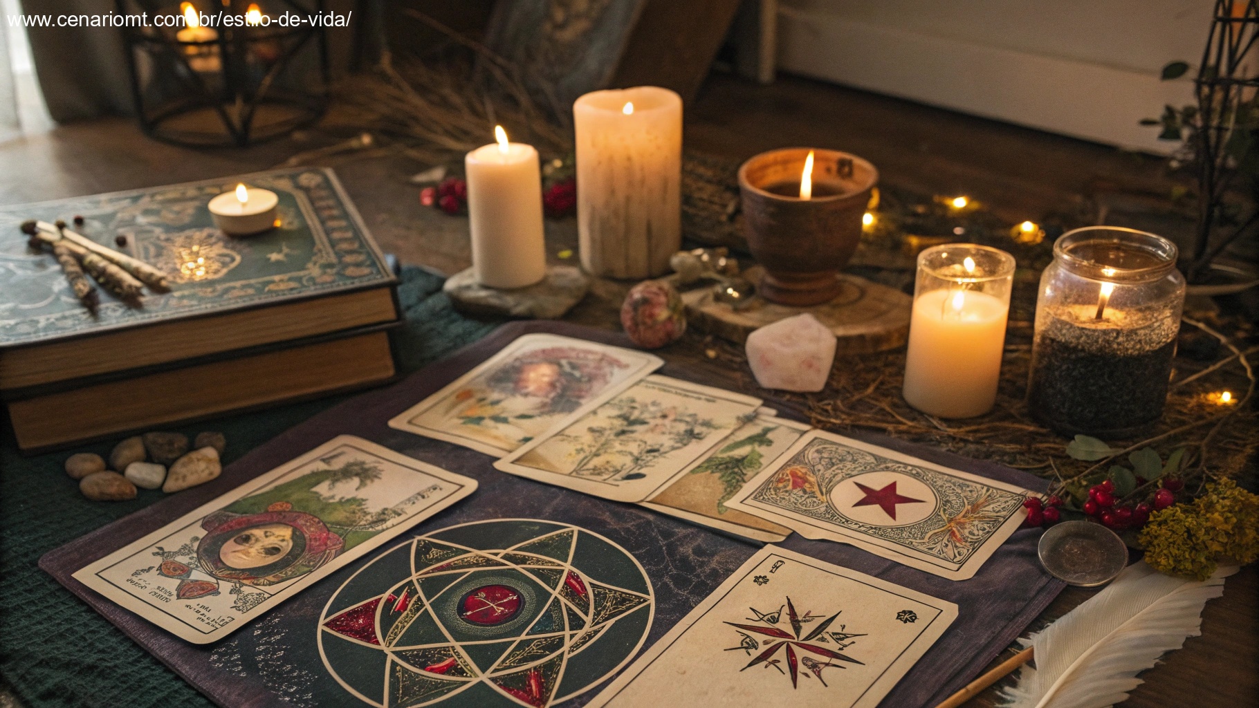 Imagem de cartas de tarot com os arcanos O Enamorado, A Temperança e A Estrela, simbolizando previsões para o amor.