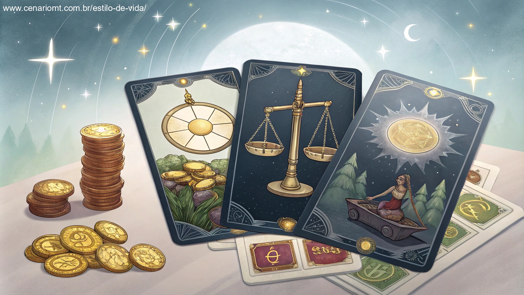 imagem de cartas de tarot com símbolos de prosperidade financeira, como moedas e balança