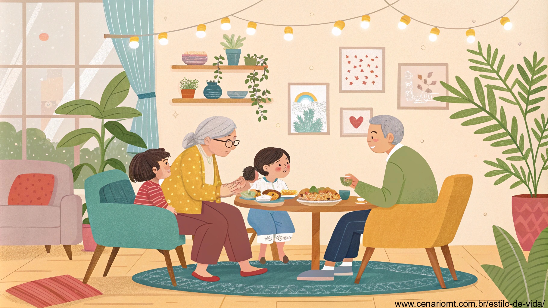 Imagem de uma família reunida em harmonia compartilhando momentos juntos.