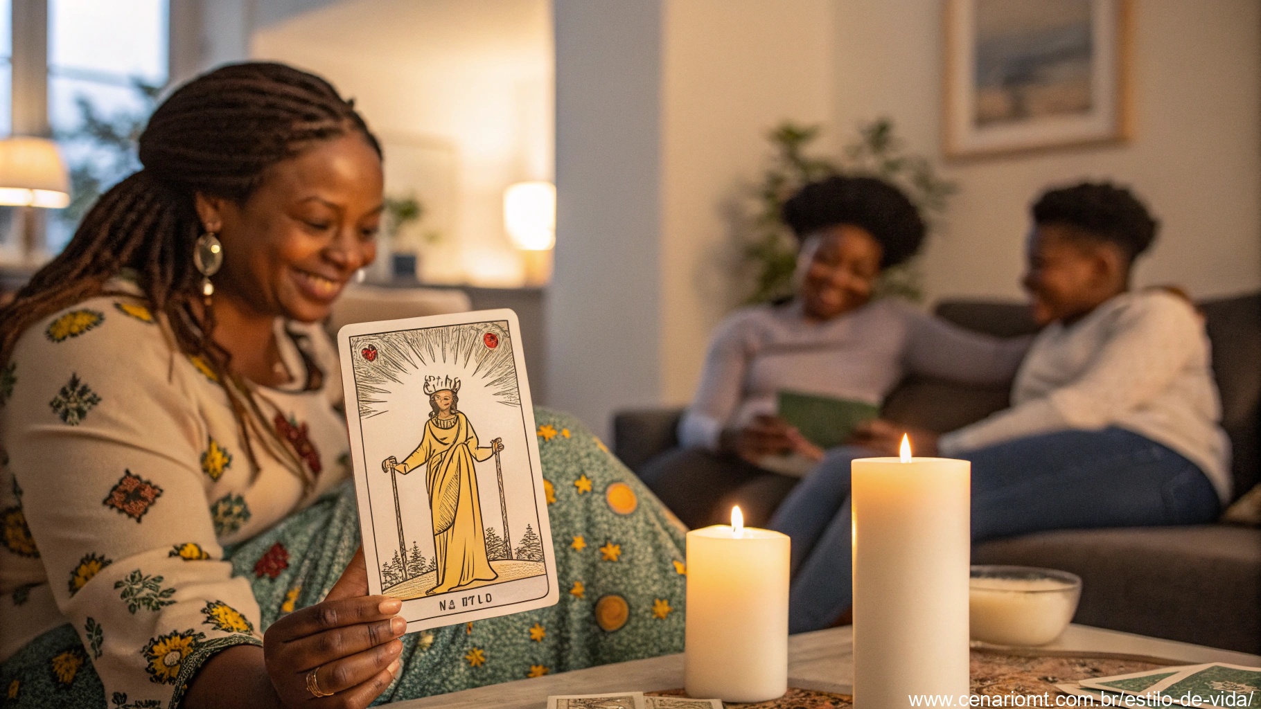 Imagem de uma carta de tarot Rainha de Copas com uma cena familiar acolhedora ao fundo