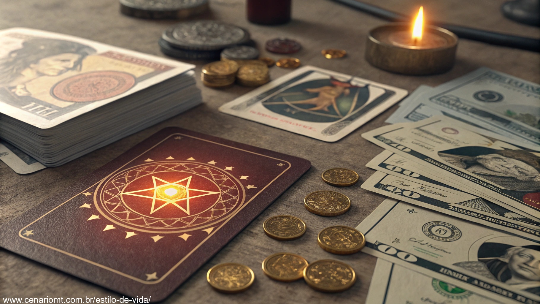 imagem de cartas de tarot sobre uma mesa com tema financeiro, incluindo moedas e notas de dinheiro