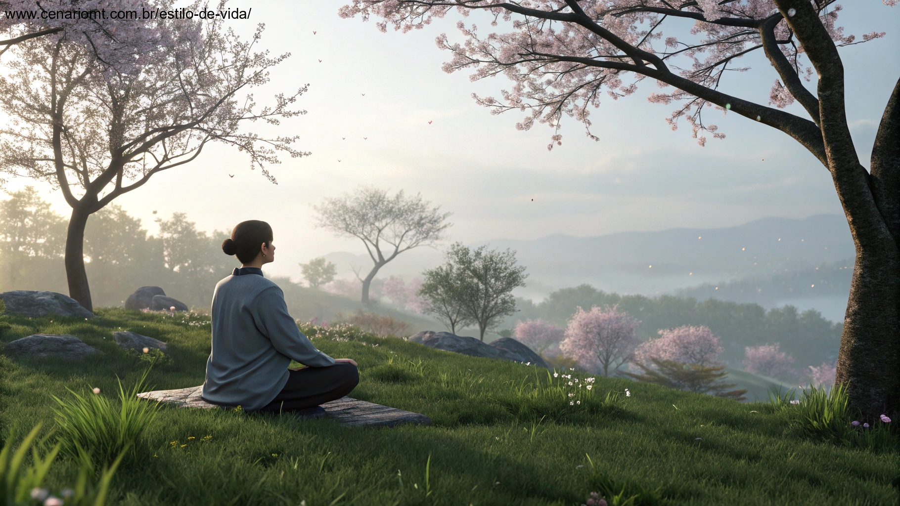 Imagem de uma pessoa meditando ao ar livre cercada pela natureza, simbolizando saúde e equilíbrio.