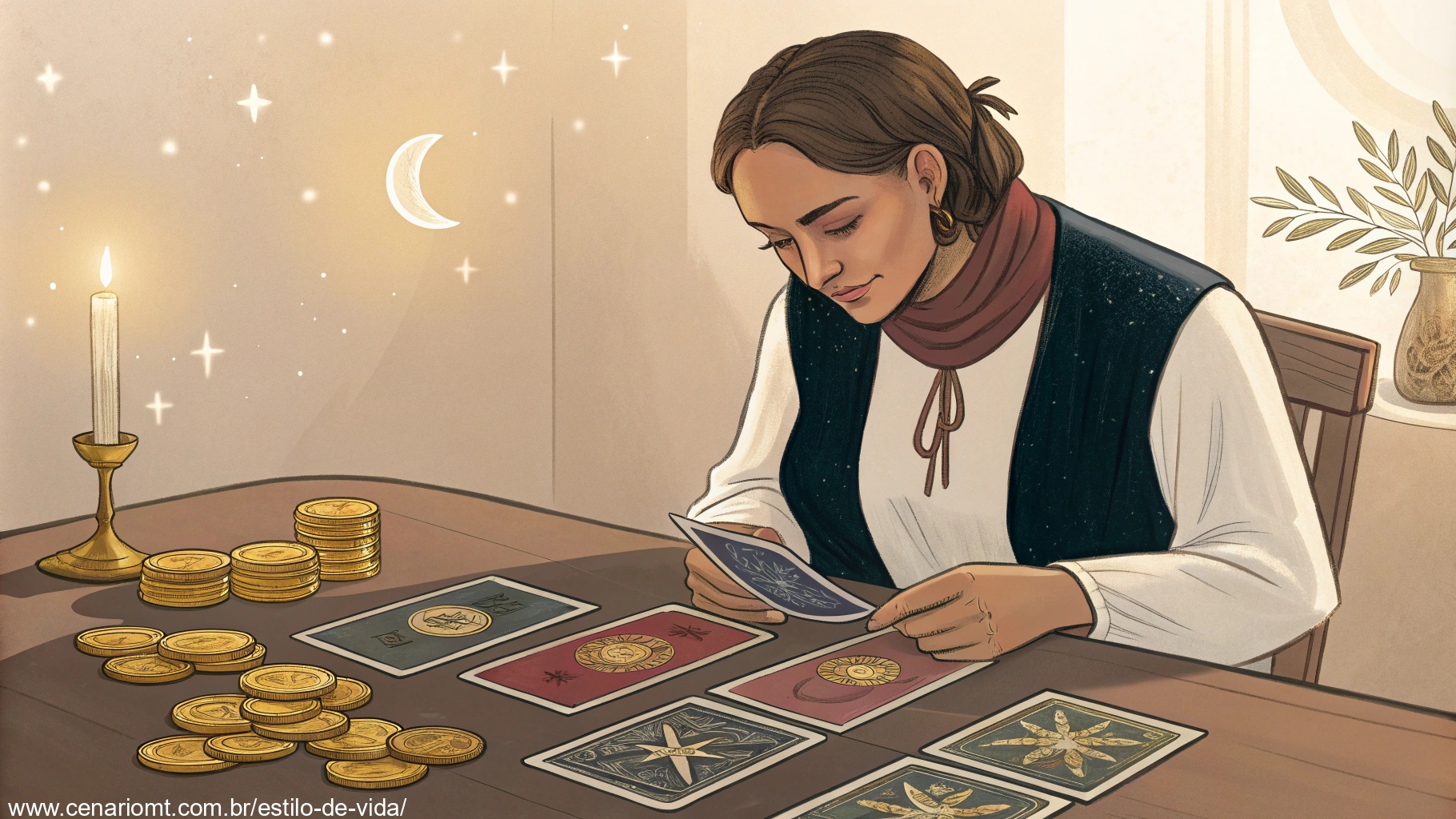 Imagem de uma leitura de tarot focada em finanças com cartas como a Temperança e 10 de Ouros.