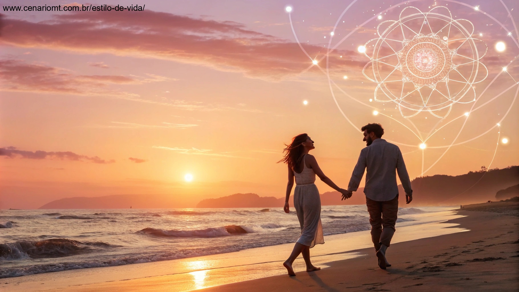 imagem de casal em harmonia ao pôr do sol, refletindo a energia do número 7