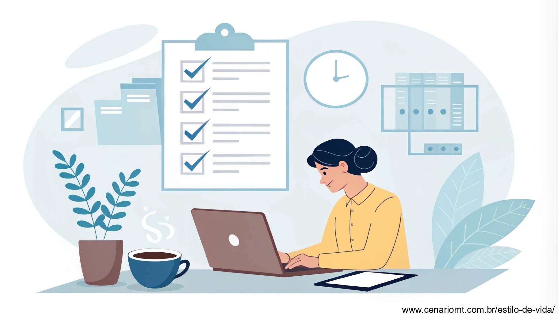 Ambiente de trabalho organizado, com foco em produtividade e introspecção.