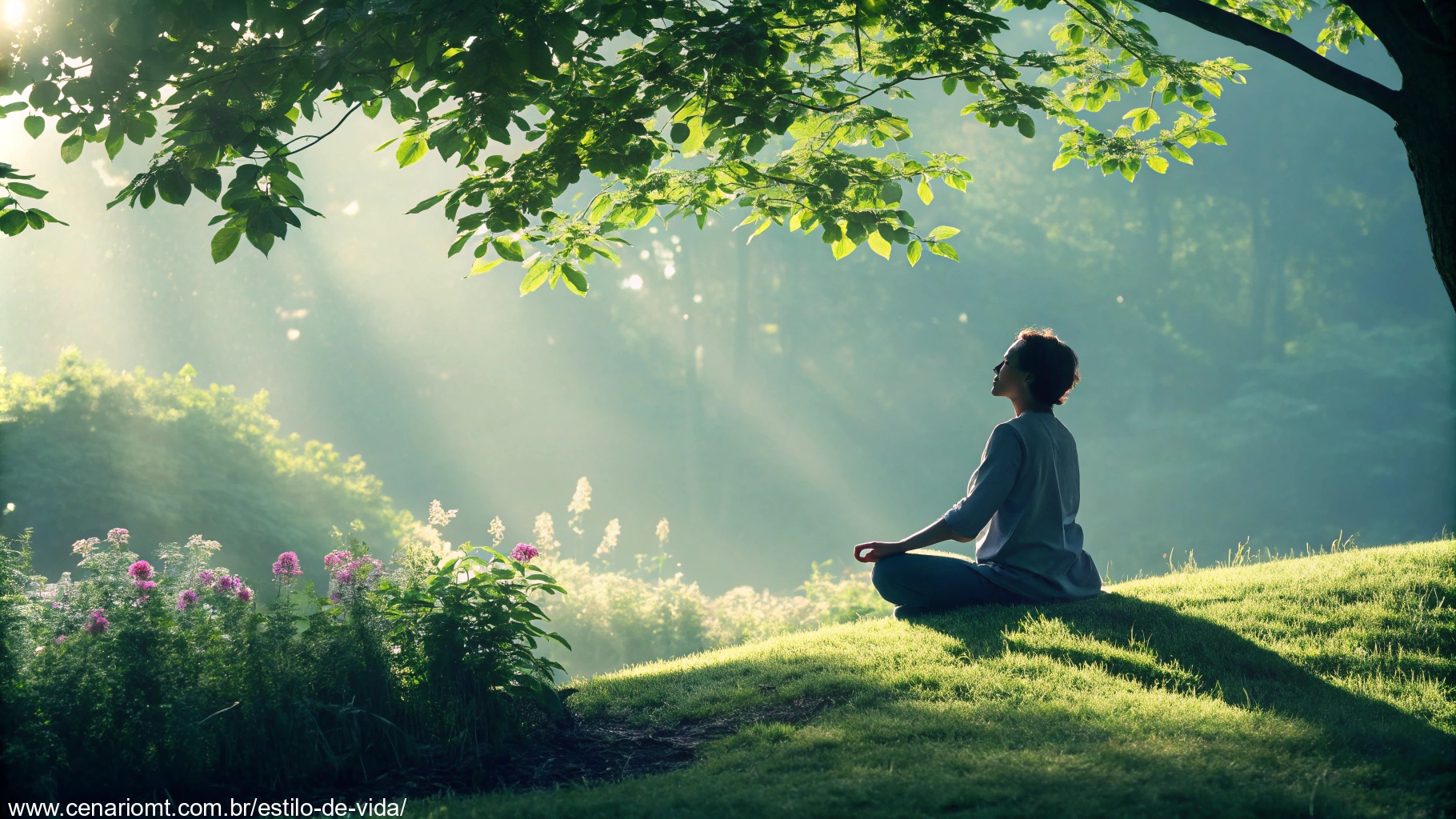 imagem de uma pessoa meditando em meio à natureza para representar saúde e equilíbrio espiritual